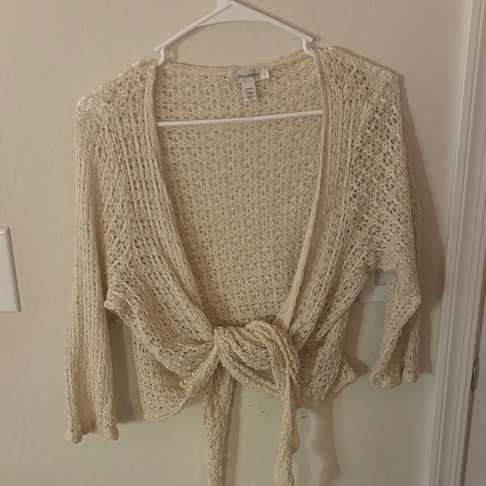 dressbarn Beige Open-Knit Tie-Front Cardigan